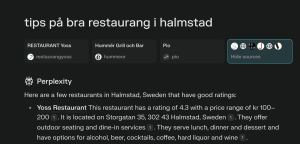 Sökningen "bra restauranger i halmstad" på perplexity.